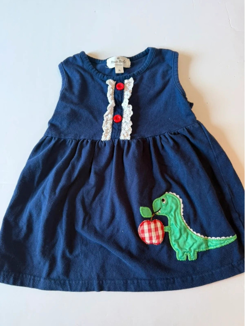 Marie Nicole Clothing Navy Blue Dinosaur Apple Applique Dress 12-18M